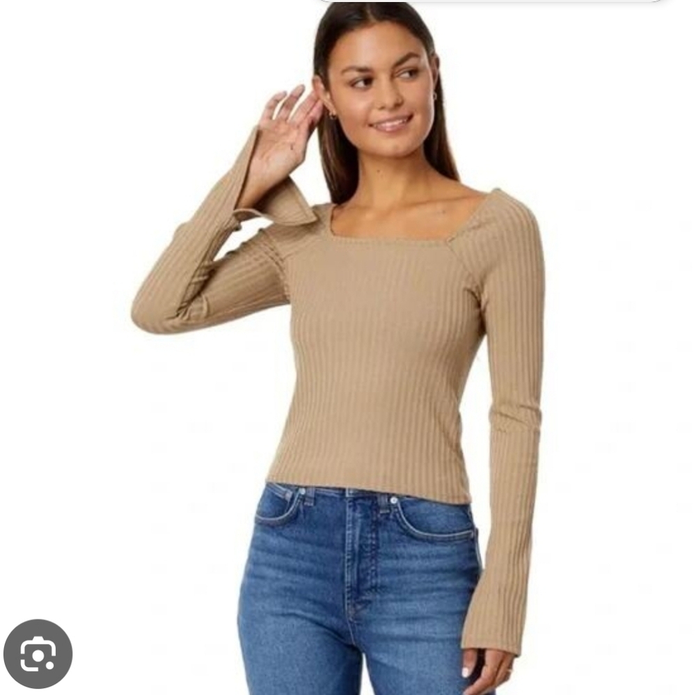 NWT Madewell Tan Ribbed Square Neck Long Sleeve Tee XXL Split Cuff Summer Dune